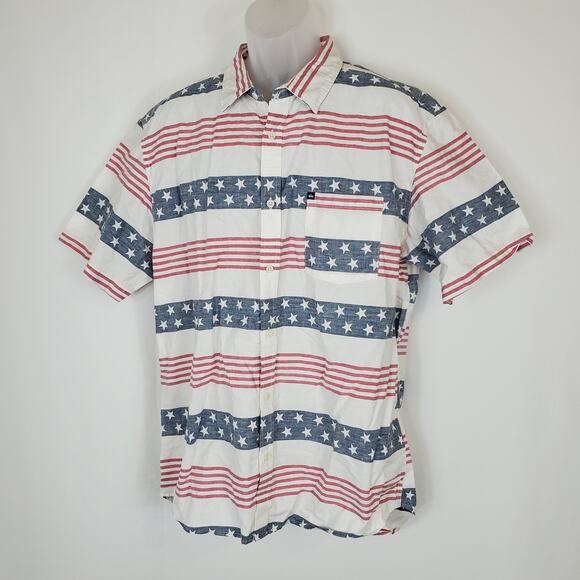 NWT Quiksilver Mens XL Patriotic Button Front Short Sleeve Red White Blue Shirt - Picture 1 of 6